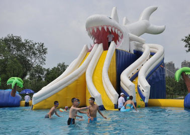 El tiburón gigante comercial explota la piscina del niño con los juguetes inflables de la piscina de la diversión