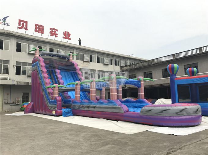 El adulto púrpura embroma los toboganes acuáticos inflables con la