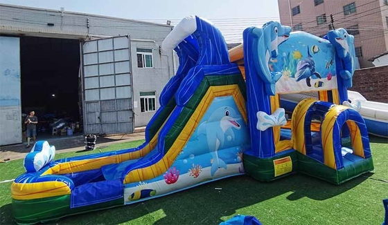Casa de salto hecha a medida del delfín con tobogán con tema del mundo submarino castillo de salto para niños