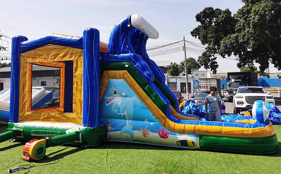 Casa de salto hecha a medida del delfín con tobogán con tema del mundo submarino castillo de salto para niños