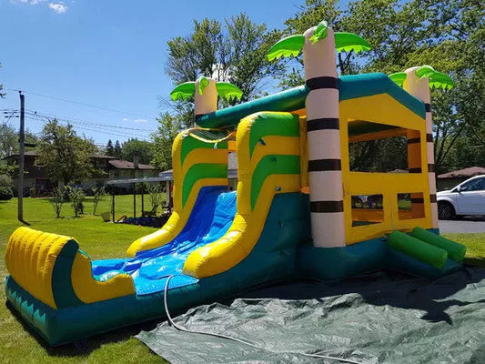 Casa de salto con tobogán y piscina