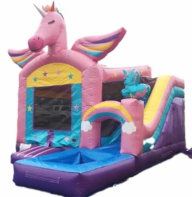 OEM/ODM Casa de rebote de unicornio con tobogán pequeño y piscina de PVC y personalizable
