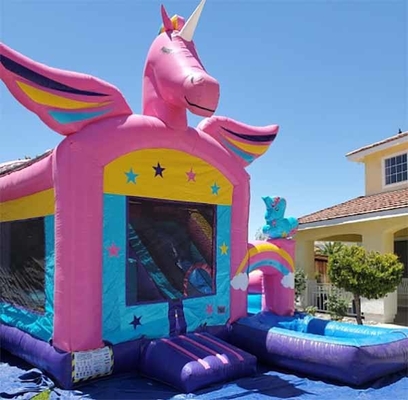 OEM/ODM Casa de rebote de unicornio con tobogán pequeño y piscina de PVC y personalizable