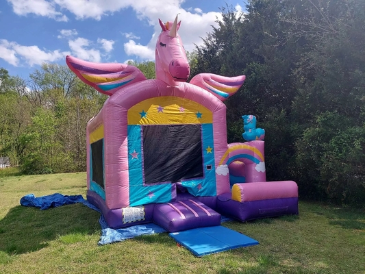 OEM/ODM Casa de rebote de unicornio con tobogán pequeño y piscina de PVC y personalizable