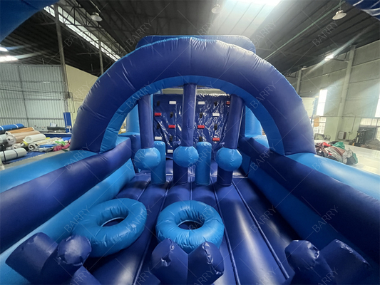 Castillo hinchable moderno azul comercial, curso de obstáculos inflable con tobogán para adultos y niños