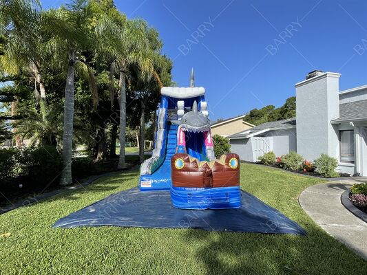 Parque acuático inflable de PVC con temática de tiburón, piscina con tobogán y piscina para niños