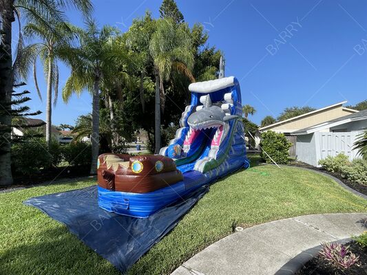 Parque acuático inflable de PVC con temática de tiburón, piscina con tobogán y piscina para niños