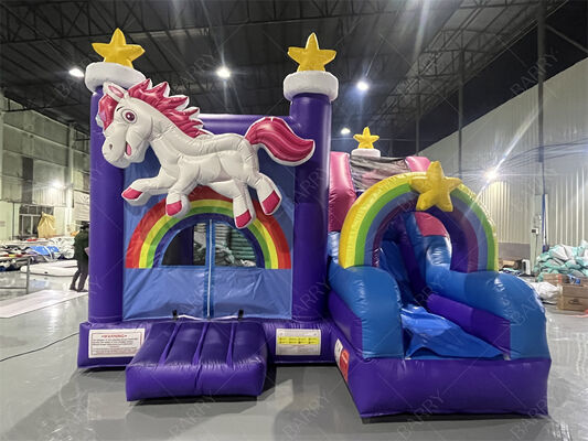 Casa de salto de unicornio de grado comercial con diapositiva de estrella arco iris combo inflable con tema para niños Fiestas y eventos