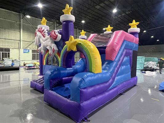 Casa de salto de unicornio de grado comercial con diapositiva de estrella arco iris combo inflable con tema para niños Fiestas y eventos
