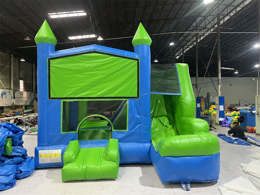 Castillo hinchable verde personalizable, combo inflable de saltos y tobogán