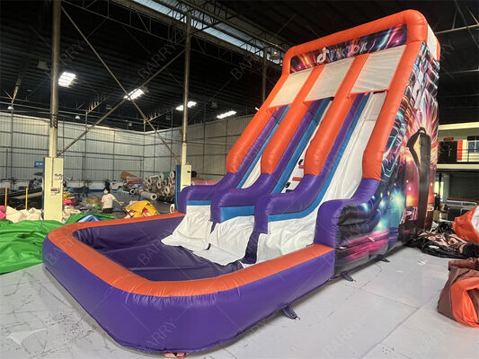 Tobogán inflable comercial de doble carril con piscina, tobogán seco/húmedo temático de neón/TikTok para alquileres de fiestas y sistemas de juego para niños
