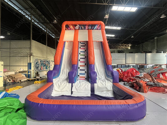 Tobogán inflable comercial de doble carril con piscina, tobogán seco/húmedo temático de neón/TikTok para alquileres de fiestas y sistemas de juego para niños