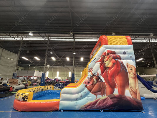 Tobogán Acuático Inflable de Grado Comercial El Rey León con Piscina, Tobogán Seco/Húmedo de 3 Carriles para Negocios de Alquiler y Eventos Familiares