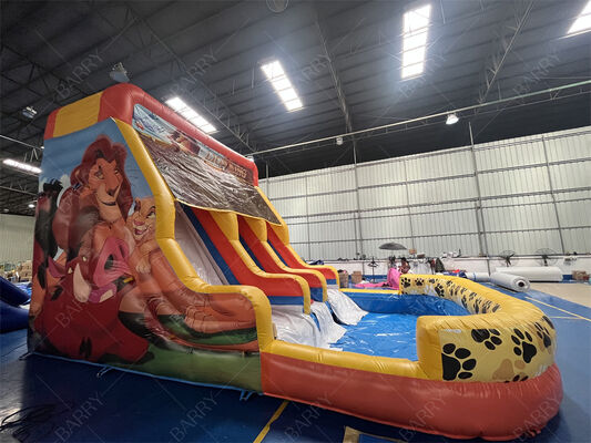 Tobogán Acuático Inflable de Grado Comercial El Rey León con Piscina, Tobogán Seco/Húmedo de 3 Carriles para Negocios de Alquiler y Eventos Familiares