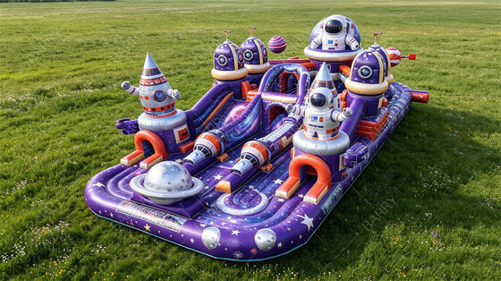 Ciudad de diversión inflable púrpura con temática galáctica | Carrera de obstáculos de la estación espacial con toboganes y túneles | PVC comercial personalizable para festivales y eventos en centros comerciales