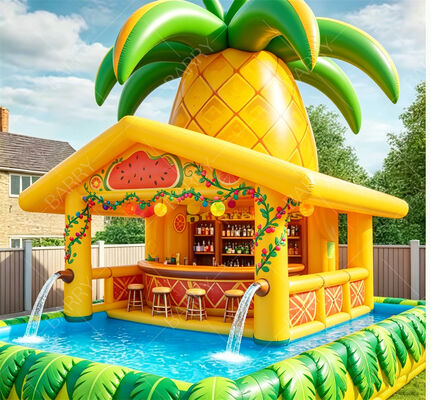 Bar de piscina flotante inflable de piña gigante con rociadores de agua Estación de fiesta de verano tropical
