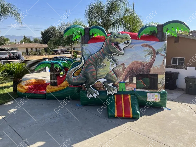 Castillo Hinchable de Dinosaurio con Tobogán Acuático y Piscina para Fiestas en el Patio Trasero