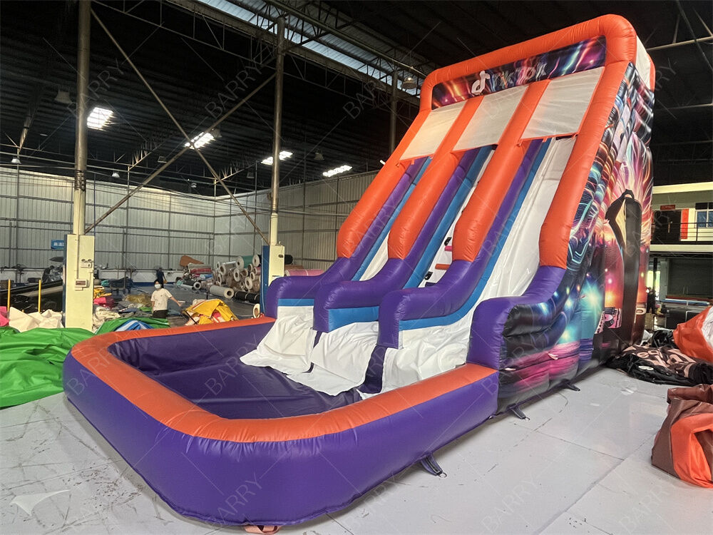 Tobogán inflable comercial de doble carril con piscina, tobogán seco/húmedo temático de neón/TikTok para alquileres de fiestas y sistemas de juego para niños