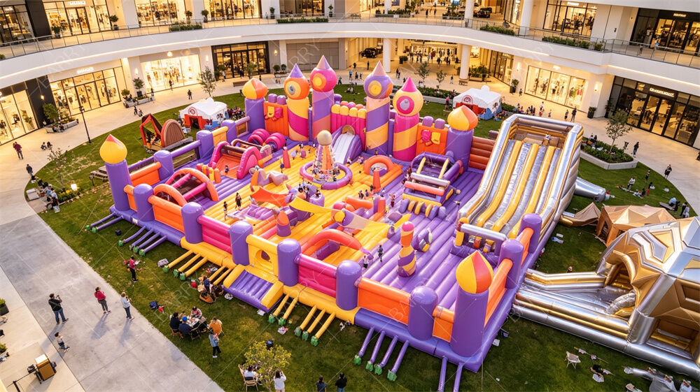 Castillo Púrpura Mágico Ciudad Inflable Divertida. Un recorrido de salto y obstáculos todo en uno con tobogán gigante. PVC comercial para lugares de alto tráfico y alquiler de fiestas.
