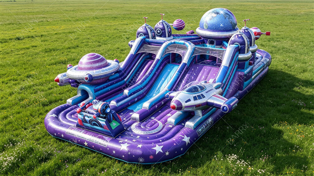 Parque de juegos inflables gigantes con temática de naves estelares púrpura Parque de aventuras espaciales todo en uno con triple tobogán PVC comercial para lugares de alto tráfico