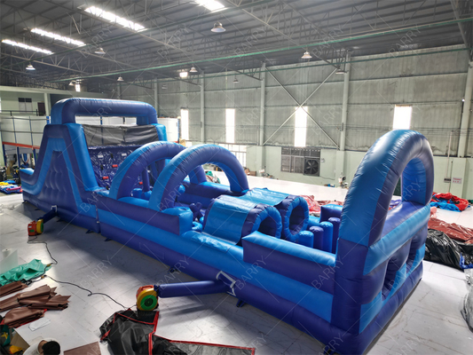 Castillo hinchable moderno azul comercial, curso de obstáculos inflable con tobogán para adultos y niños